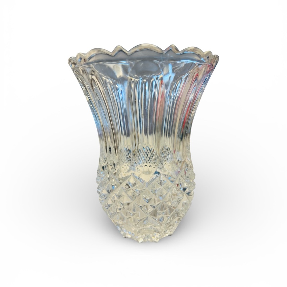 Vintage Clear Cut Glass Vase 6” Scalloped Rim Diamond Pattern Clear Cut Glass